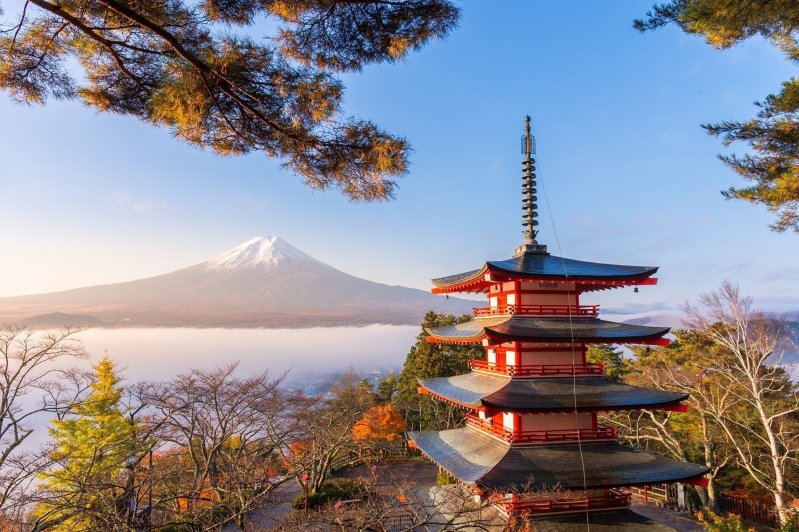 Chureito Pagoda Stands Tall With View Mount Fuji View In The Background