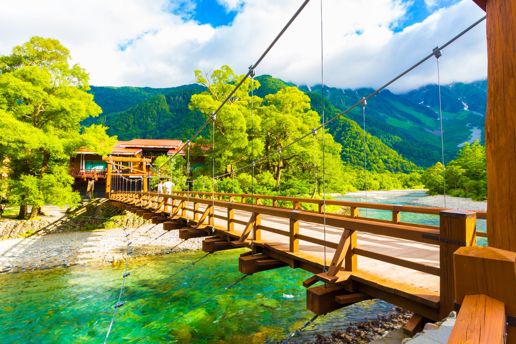 View Of Mount Hotaka Behind Rustic Kappa Bashi Bridge Over Clear Turquoise Water Of Azusa River In Pristine Japanese Alps Village Of Kamikochi, Nagano Prefecture, Japan