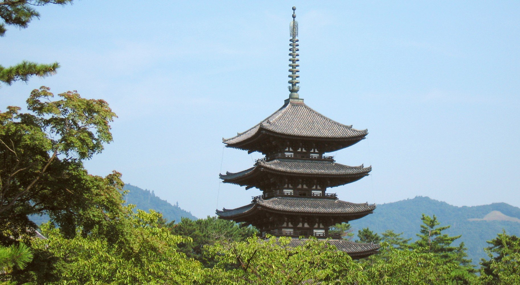 Nara Temple Peak Above Trees With Blue Sky