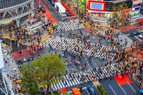 Shibuya, Tokyo, Japan Crosswalk And Cityscape In The Late Afternoon.