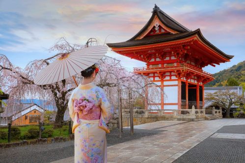 Young Japanese Woman In A Traditional Kimono Dress At Kiyomizu-dera Temple In Kyoto, Japan